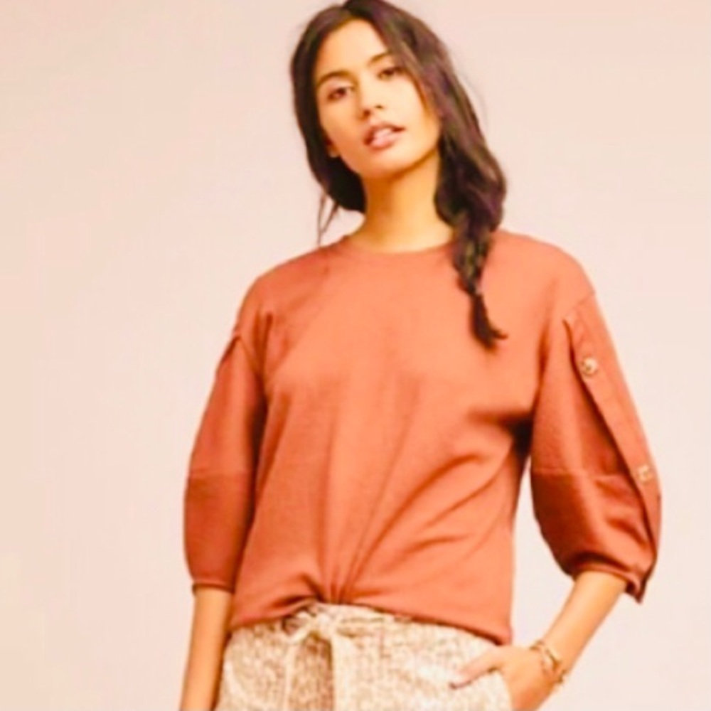 Anthropologie cognac colour puff sleeve button top